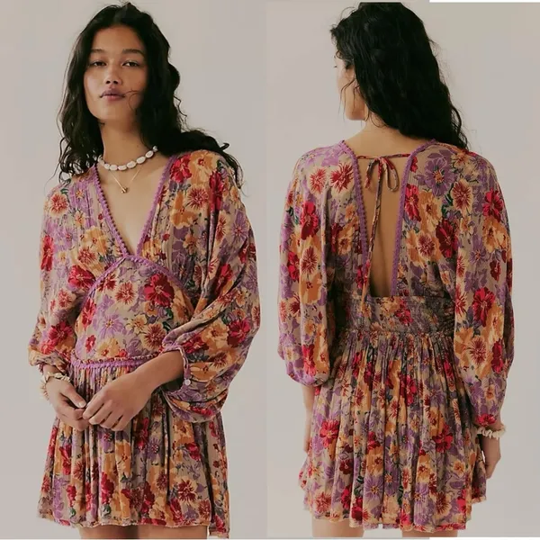 Free People Bohemian Sweet Dreams Mini Dress Lavender Floral Lace Medium - Image 13