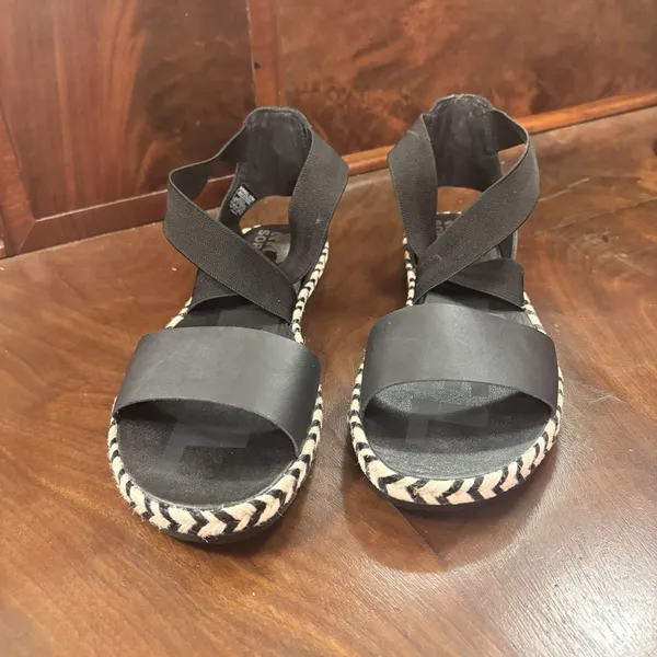 Sorel Ella II Sandals Women's Size 10 Black Leather Elastic Strap Espadrille‎ - Image 2