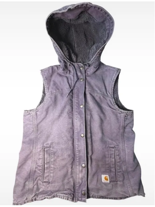 Vtg Women's Carhartt Hooded Vest Large Faded Purple Grey Sherpa Lined Canvas - Image 2