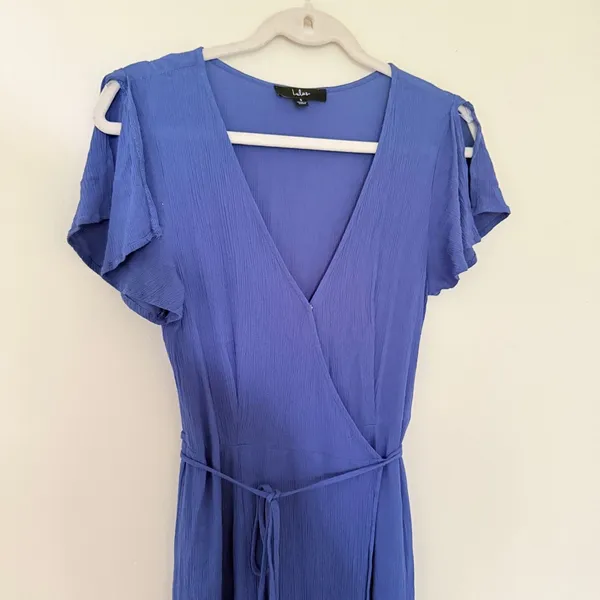 Lulus Heart of Marigold Denim Blue Wrap Flutter Sleeve Travel Maxi Dress Sz S - Image 5