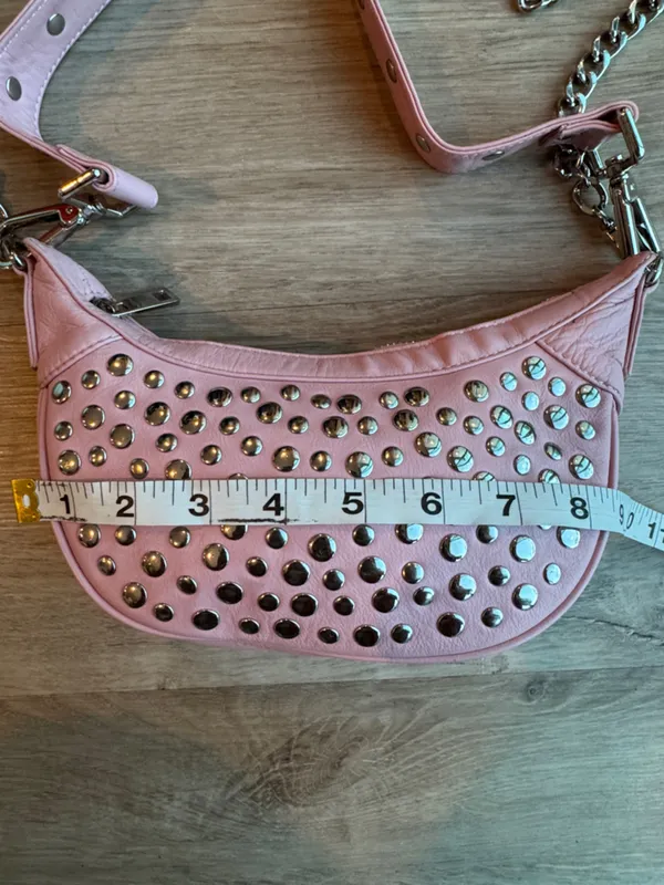 Núnoo Pluto Rivet Silky Pink Leather Crescent Studded Shoulder Bag Y2K - Image 2