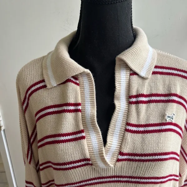 Pink Cambridge Knit Polo Oversized Cropped Sweater large‎ preppy coastal resort - Image 4