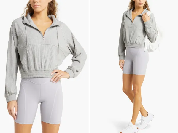 NEW Zella Half Zip Ribbed Hoodie Women's Elastic Waist Light Gray Size Large - Image 2