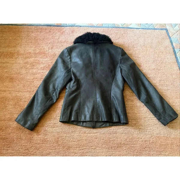 GUESS Dark Olive Genuine Leather Jacket with Black Faux Fur Collar Size S - Image 7
