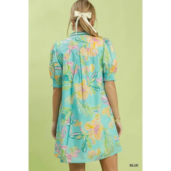 Umgee Botanical Print‎ Dress with Smocked Cuffs - Blue - Small - Image 3