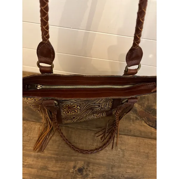 Patricia Nash Tooled Leather Fringe Tote Bag Purse Brown Floral‎ Western - Image 8