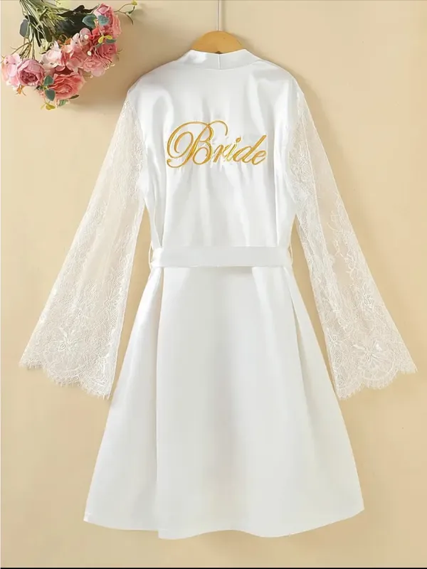 Women's Satin & Lace Robe - White - Image 2