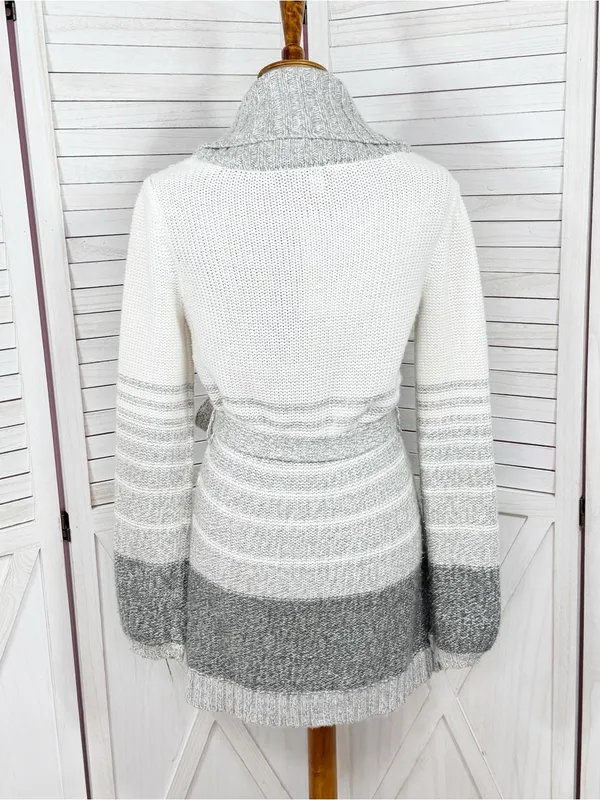 St. John's Bay Stripe Colorblock Shawl Collar Belted Cardigan Sweater Grey White - Image 4