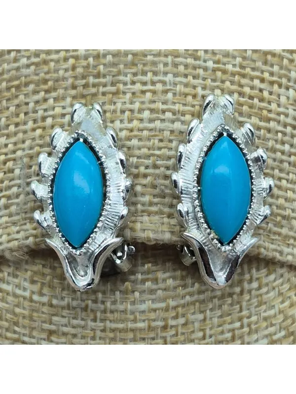 Vintage Faux Turquoise Brooch Clip On Earrings Demi Parure Silver Tone - Image 6