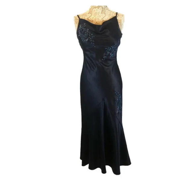 Y2K Alex Evenings navy beaded slip cowl neck floral satin formal Gown small - Image 4
