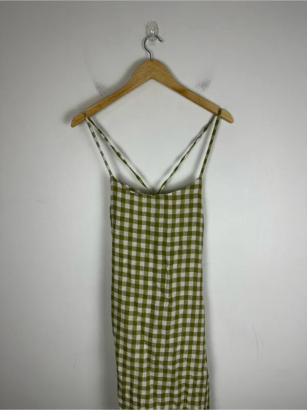 VITAMIN A Mari Gingham Linen Cover-Up Maxi Dress Ecolinen Avocado Gingham Sz S - Image 4