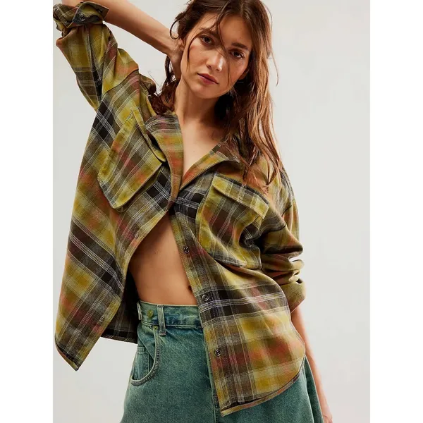 Free People Grunge 90s Flannel Plaid Izzie Cargo Shirt Jacket Shacket Medium - Image 16