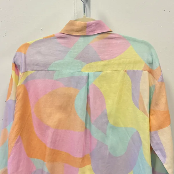 Peppermayo Pastel Abstract Swirl Linen Blend Button Down Shirt US 4 Pink Yellow - Image 5