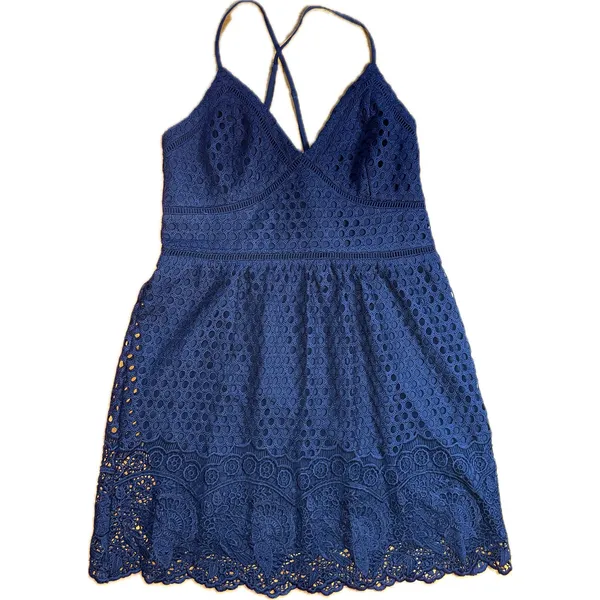Abercrombie & Fitch Women's Navy Blue Eyelet A-Line Short Dress‎ Size L - Image 3