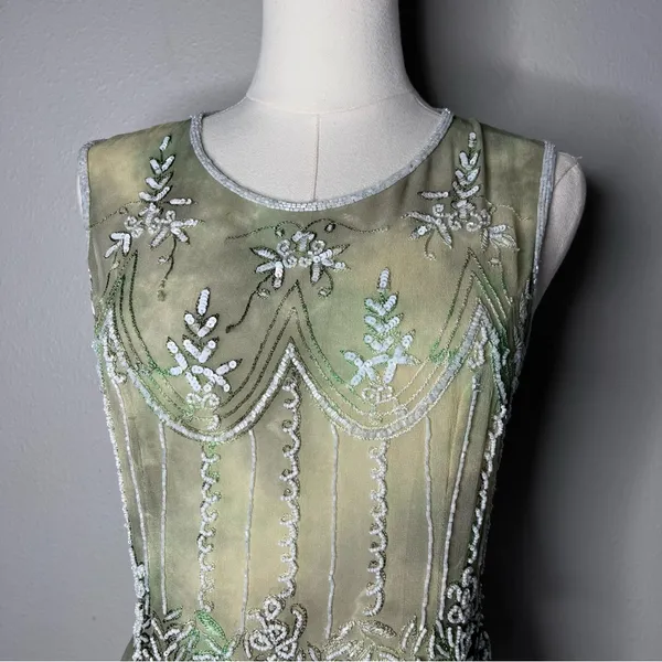 Vintage Green Silk Heavy Beaded Sleeveless Top Boho Fairycore Chic Forest Nymph - Image 4