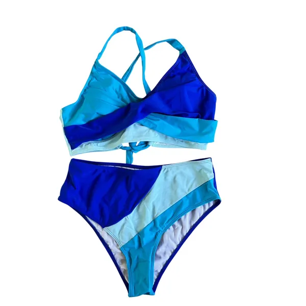 Rosvigor Swimsuit High‎ Waist Bikini Set Twist Front Top Blue Color Block L - Image 5