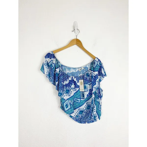 NWT RAMY Brook Milo Blue Printed Off The Shoulder Cropped Top Large Ruffle - Image 4