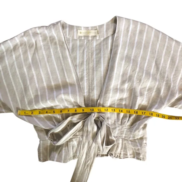 Happy x Nature Beige Tan Striped Linen Blouse Women’s Top Size Small - Image 6