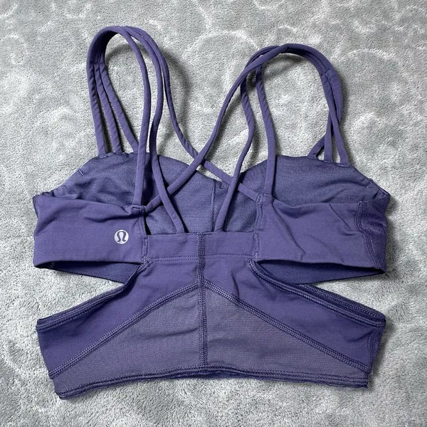 Lululemon Exquisite Strappy Cut-Out Long Bra Nightfall Plum Mesh Size 2 Cut Outs - Image 6