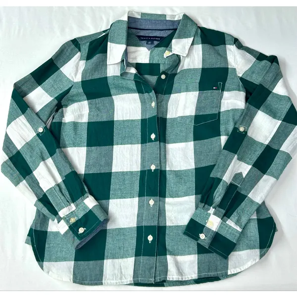 Tommy Hilfiger Womens Small S/P Green White Gingham Plaid Button Down Shirt - Image 2