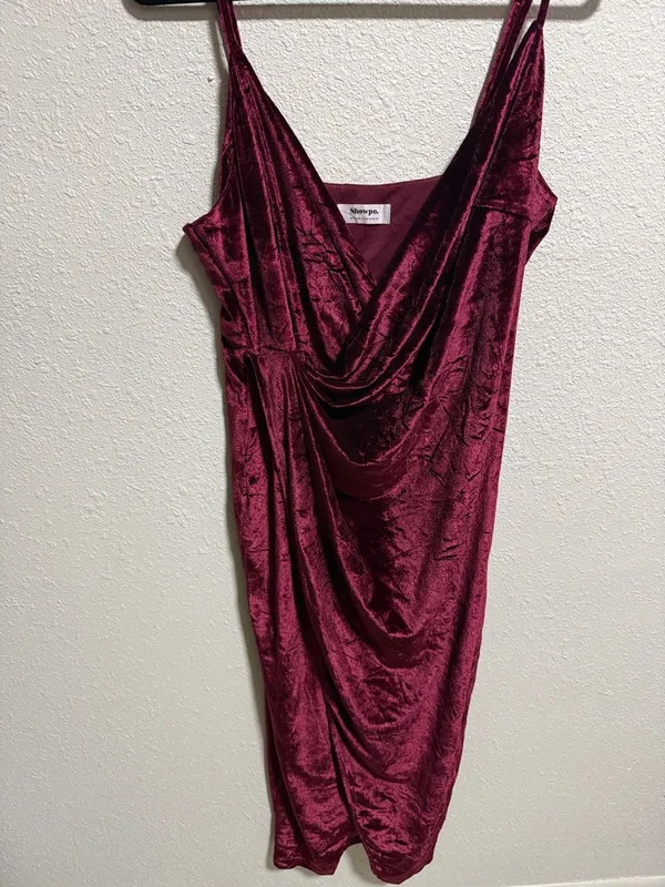 Showpo Burgundy Velvet Dress Surplice Draped Bodycon‎ Size 10 - Image 4