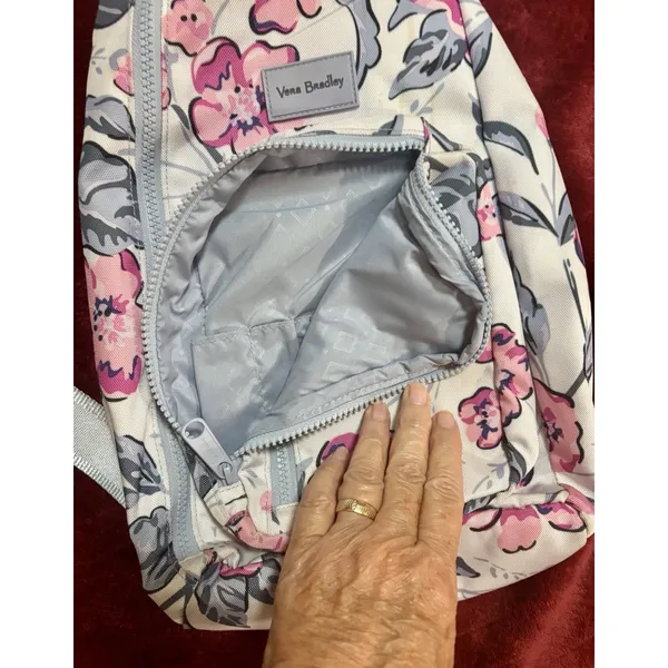 Vera Bradley Sling Backpack Floral Pink Gray Travel Adjustable Lots Pockets EUC - Image 3