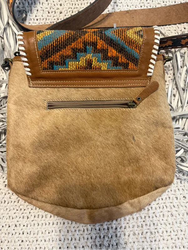 Myra Bag Brown Hair-on-Hide Crossbody with Multicolor Flap and Fringe - Image 3