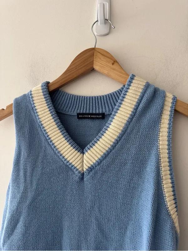 Brandy Melville Blue and White Varsity‎ Stripe Knit Sweater Vest - Image 2