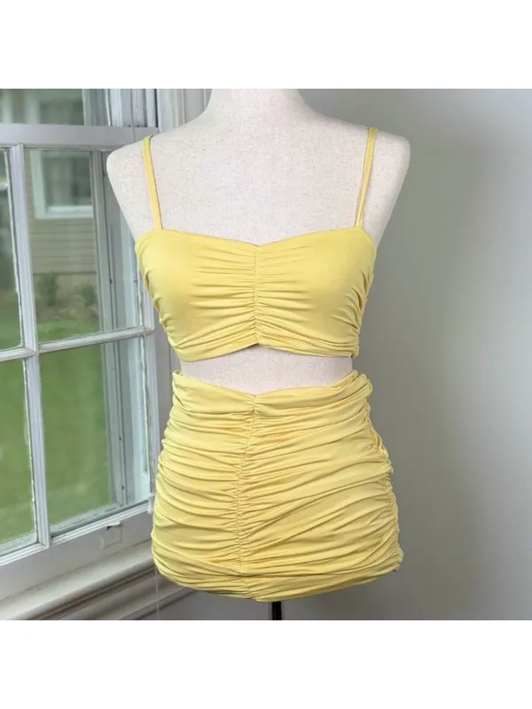 Butter Yellow Ruched Two Piece Set Small Crop Top Mini Skirt Going Out Party - Image 2
