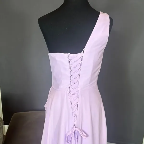 Purple Chiffon Asymmetrical One-Shoulder Formal Bridesmaid Dress Leg Slit Size 6 - Image 5