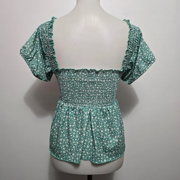 Willow + Root Peplum Top M Green Floral Smocked Square Neck Puff Sleeve Fairy - Image 5