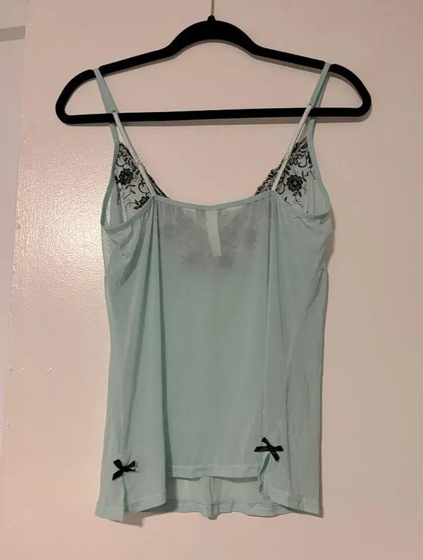 Vintage Sheer Mint Green Camisole Y2K Lingerie Top Black Floral Embroidery & Bow - Image 3