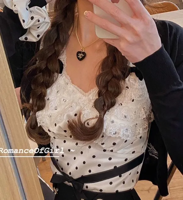 Japanese White Silky Lace Vintage Black Polka Dotted Ribbon Bow Tank Top Blouse - Image 4