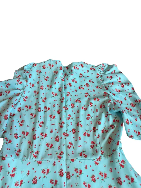 Galon De Blanc Aqua Floral Puff Sleeve Maxi Dress V Neck Ditsy Size 6 Women's - Image 9