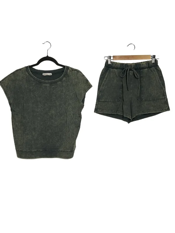 Zenana Acid Wash T-Shirt & Shorts Matching Set Small Dark Green Cotton Lounge - Image 2