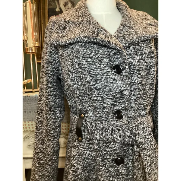 Yoki Womens Black White Boucle Knit Belted Trench Coat Jacket Size M JW2521 - Image 2