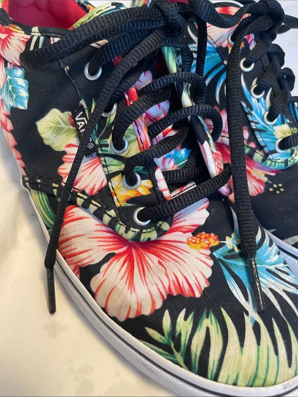 Vans Black Canvas Sneakers with Pink & Teal Floral Print - Image 2