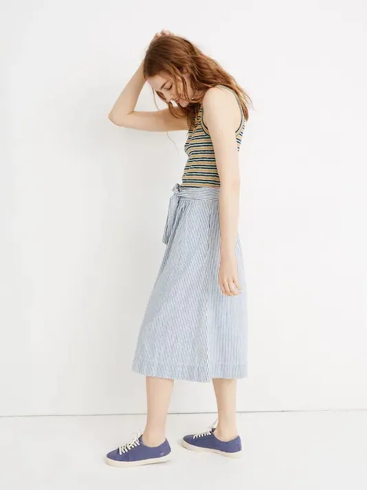 Madewell Tie Palisade Button-Front Midi Skirt in Pilar Stripe Blue White Size 8 - Image 2