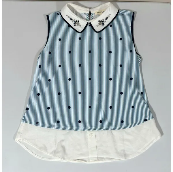 Faith and Joy Blue White Striped Polka Dot Dots Collared Sleeveless Layered Tank Top Shirt Blouse Size S 🩵✨ - Image 3