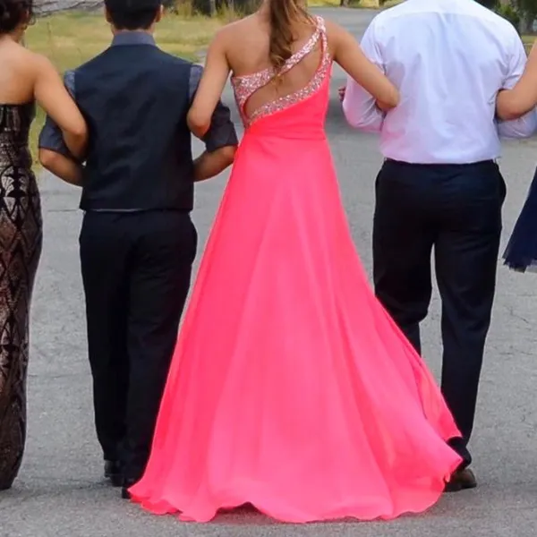 Hot Pink One Sholder Sparkly Prom Dress - Image 2