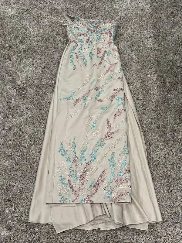 Mac Duggal 37012 Beige One Shoulder Embellished Gown With Train Sz 4 - Image 5