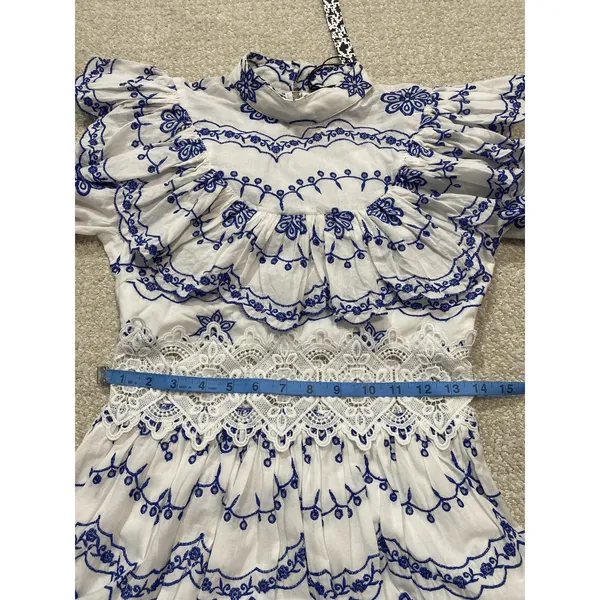 ASOS EDITION White Blue Embroidered Maxi Dress Lace Long Sleeve US 2 . - Image 11