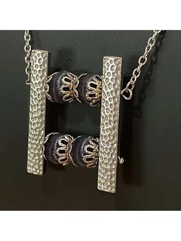 Vintage satin beaded silver tone necklace Black - Image 3
