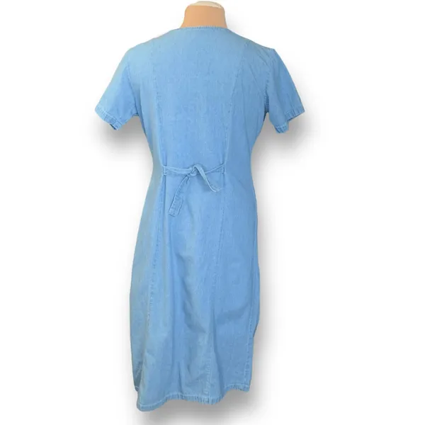 Vintage‎ 90s Chambray Gingham Plaid Midi Dress Button Front Cottagecore Medium Blue Size 10 - Image 3