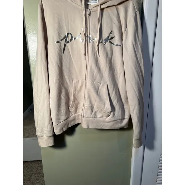 Victoria's Secret PINK Women's Sz XL Classic Full Zip Hoodie Vanilla Bean Silver - Image 6