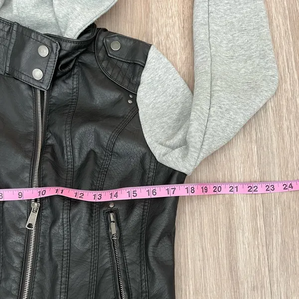 Last Kiss Y2K Black Leather Hybrid Gray Hooded Zip Moto Jacket Size Medium - Image 12