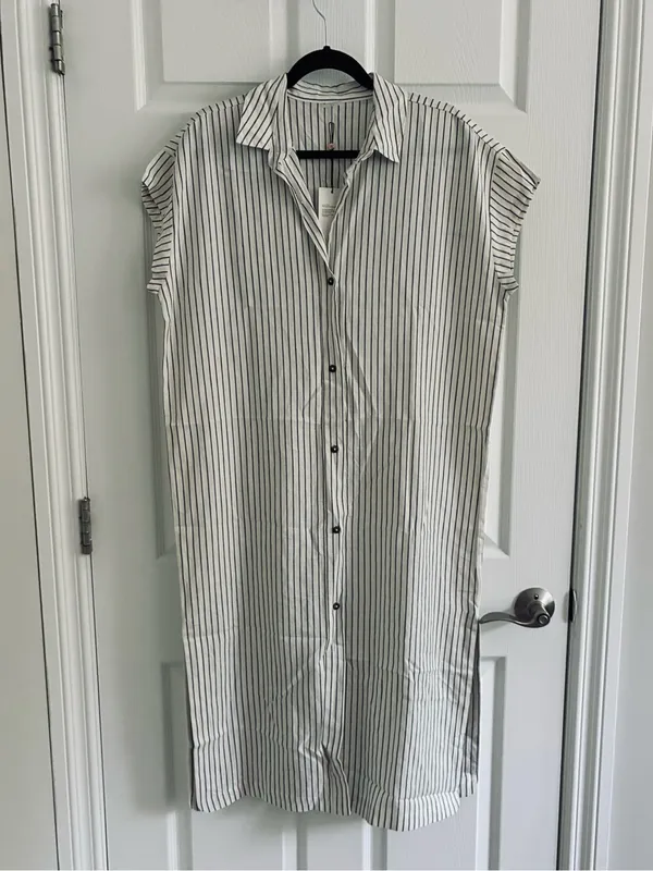 Calia Swim Coverup Dress Yucatan Stripe Ivory Linen Blend Button Down NWT Medium - Image 4