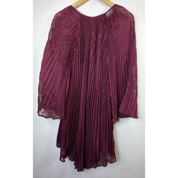 Anthropologie Toulon Pleated Bell Sleeve Mini Dress x Small Burgundy Boho xs NWT - Image 10