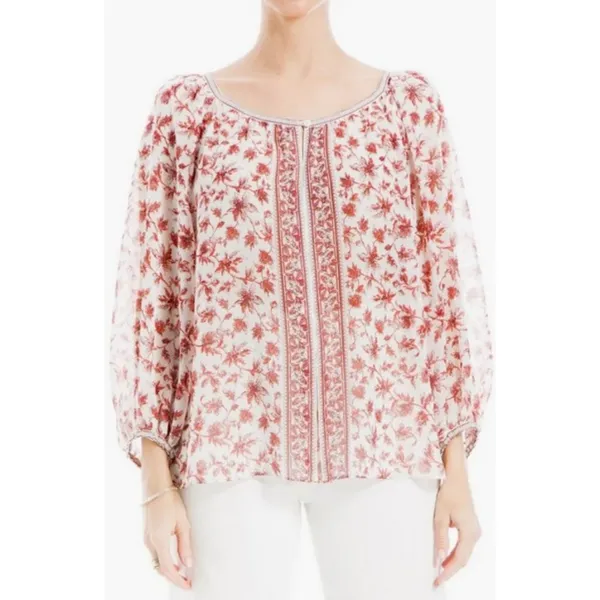 💕MAX STUDIO💕 V-Neck Long Sleeve Georgette Top ~ Red Chintzy Rambler Large NWOT - Image 2