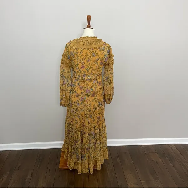 Free People Dress Cassis Midi Maxi Floral Lace Tiered Lined Boho Mustard Yellow - Image 10
